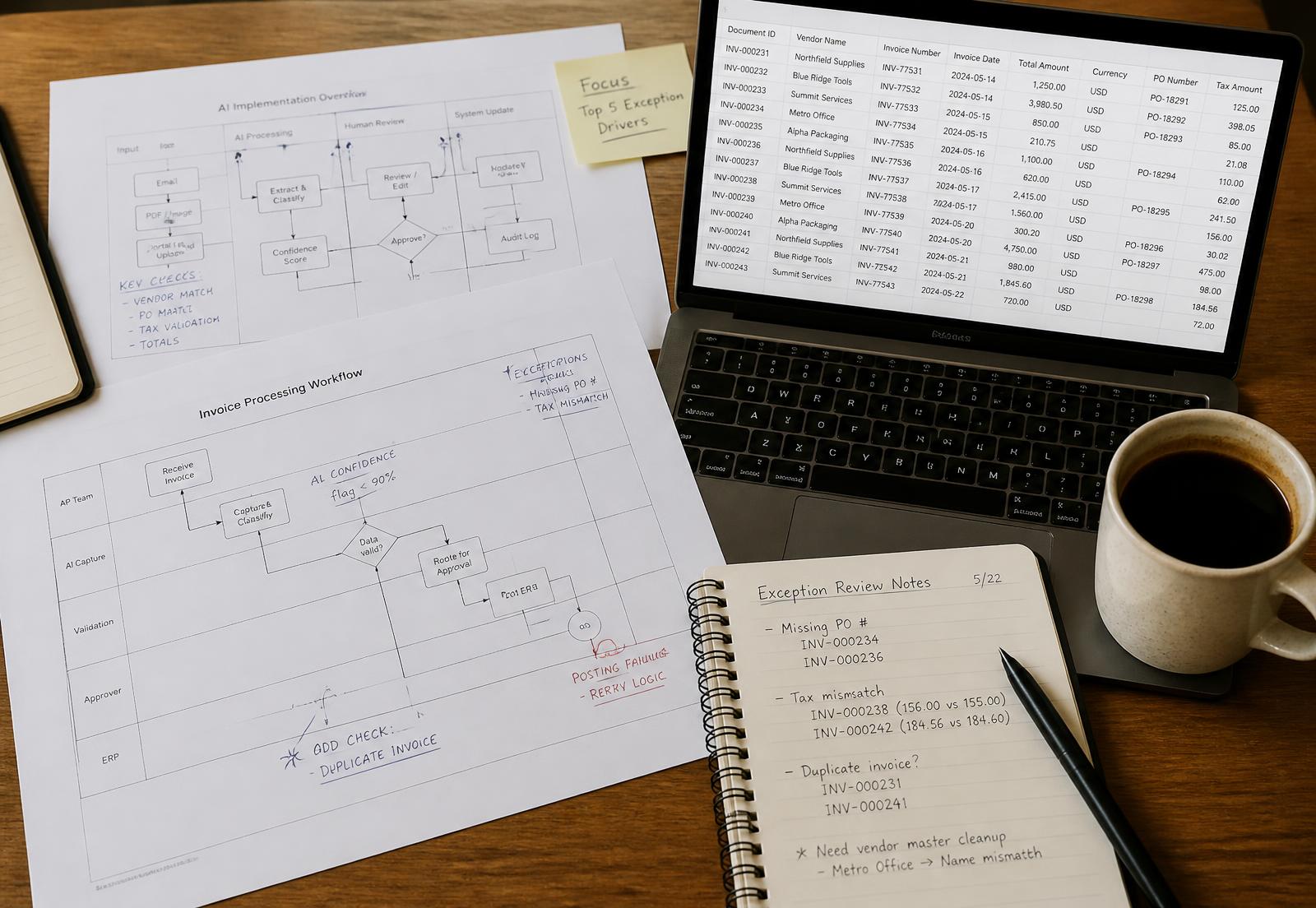 Annotated workflow diagrams, an extracted-field table on a laptop and handwritten exception notes on a desk