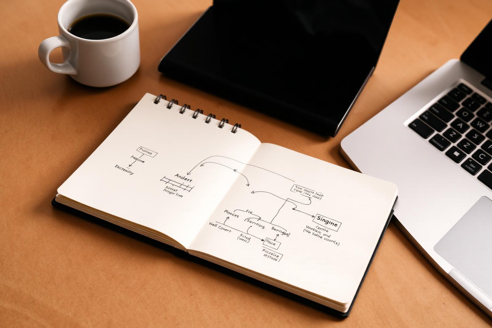 Top-down view of hand-drawn process flow diagrams and annotated notes on a desk