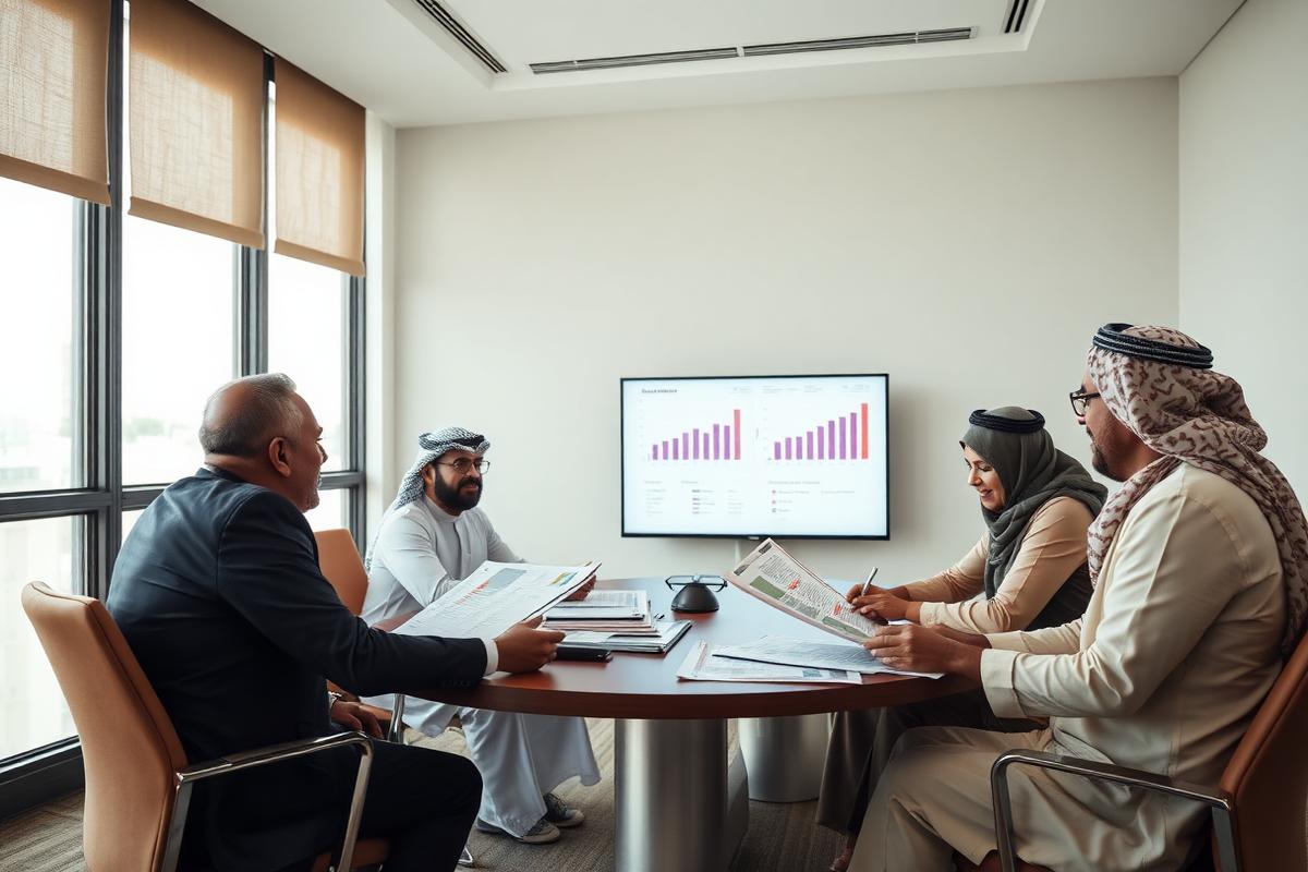 Senior leadership team in a boardroom reviewing printed briefing material and an on-screen summary