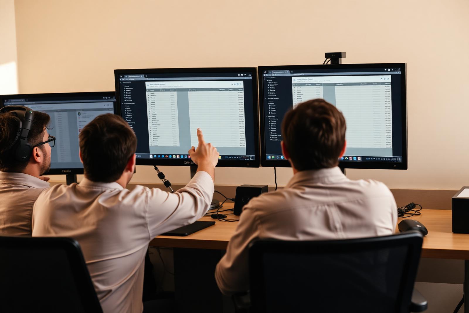 Operations team working through a live process at a shared desk with notes and dashboards on screen