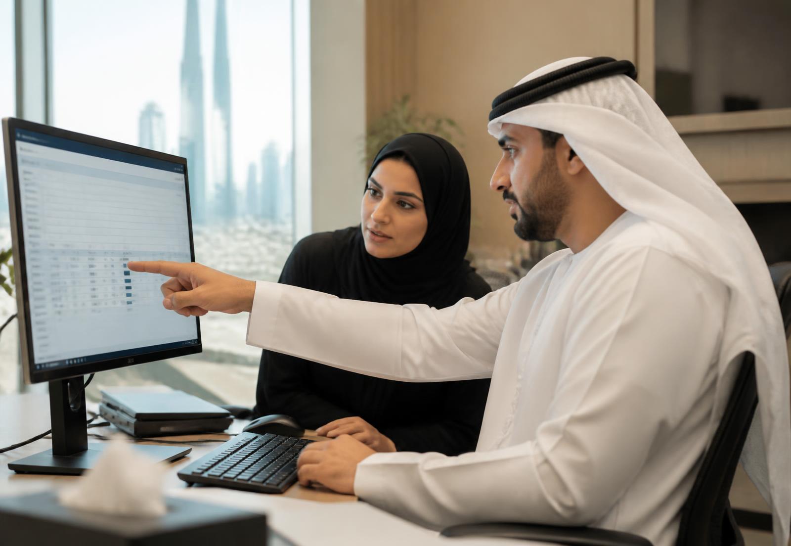 Two colleagues reviewing an exception queue together on a monitor in a UAE office