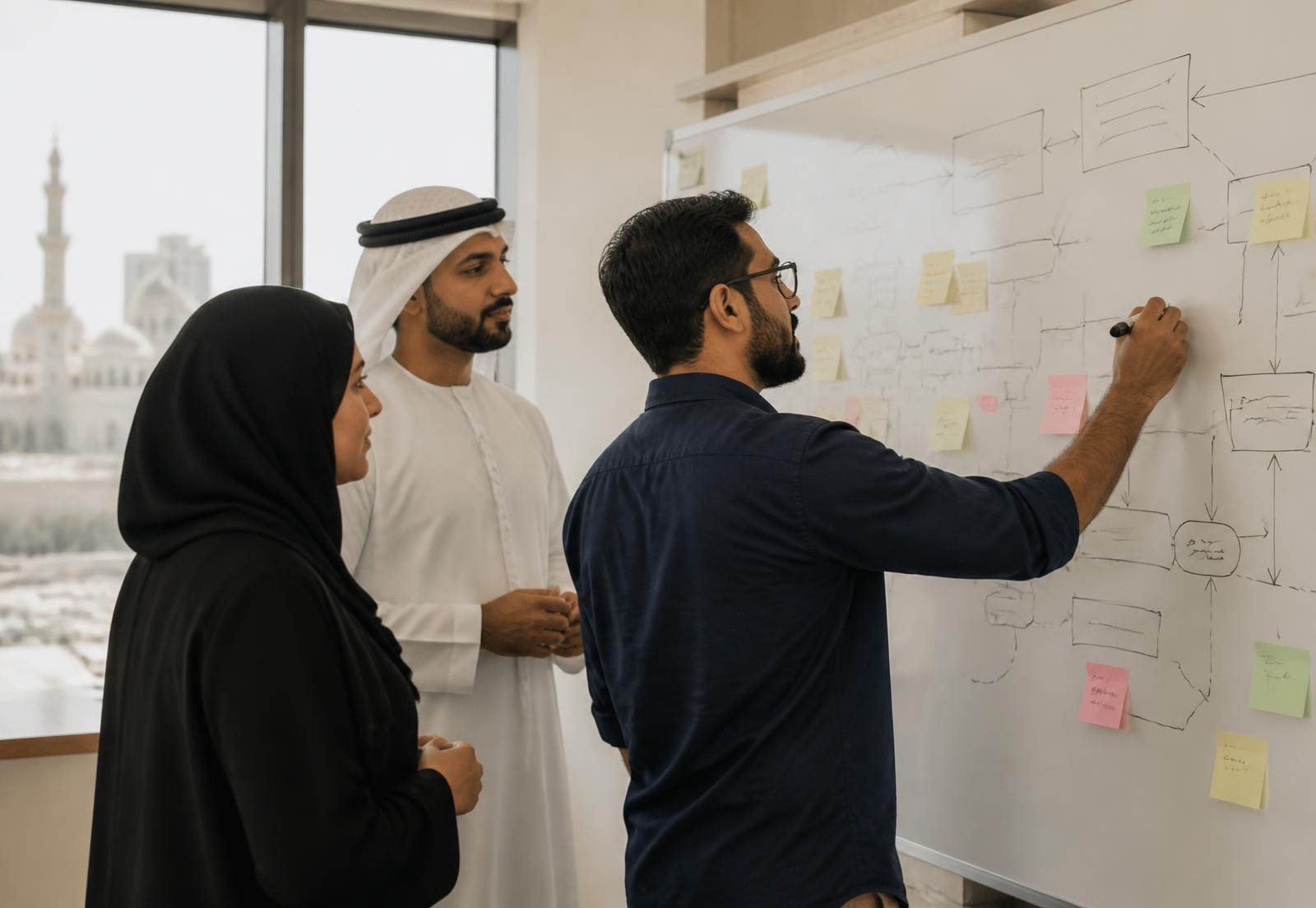 Three colleagues mapping a business process on a whiteboard with sticky notes in a Sharjah office